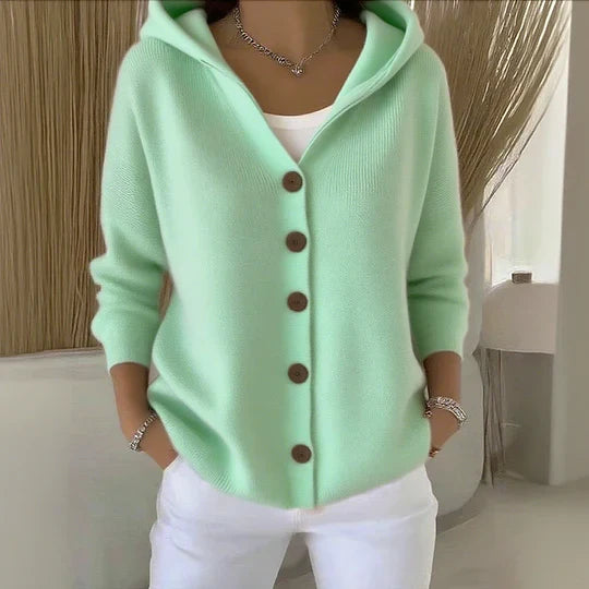 Women's hooded button-front cardigan sweater in green