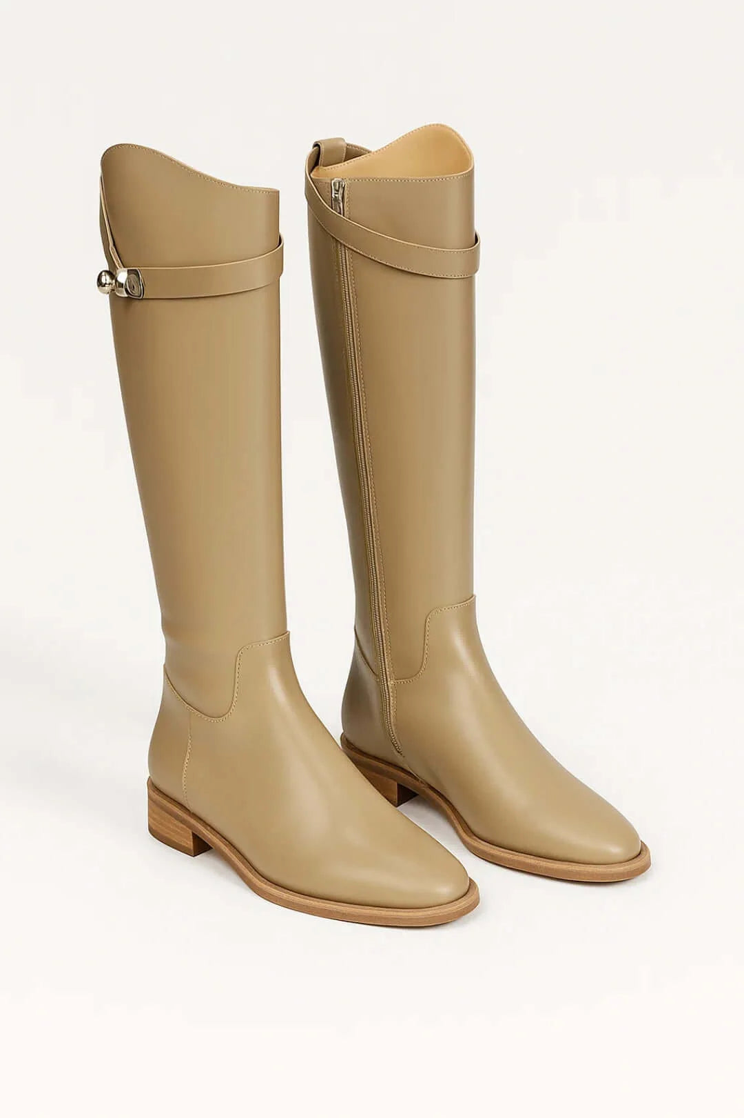 Women's beige knee-high boots, buckle accent detail