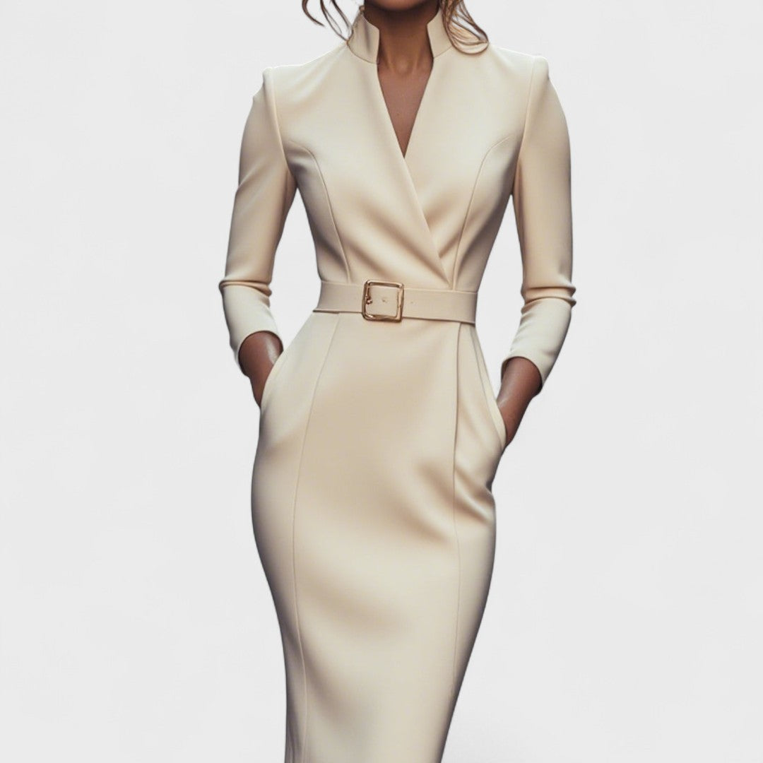 Women's navy blue belted midi dress with mandarin collar