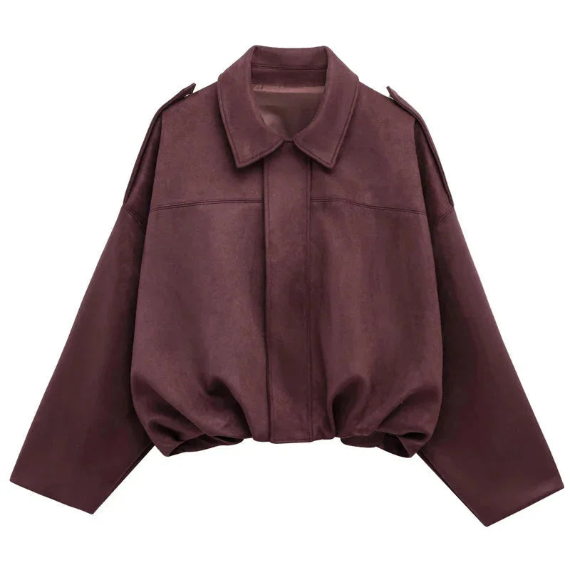 Women's oversized faux suede bomber jacket in burgundy