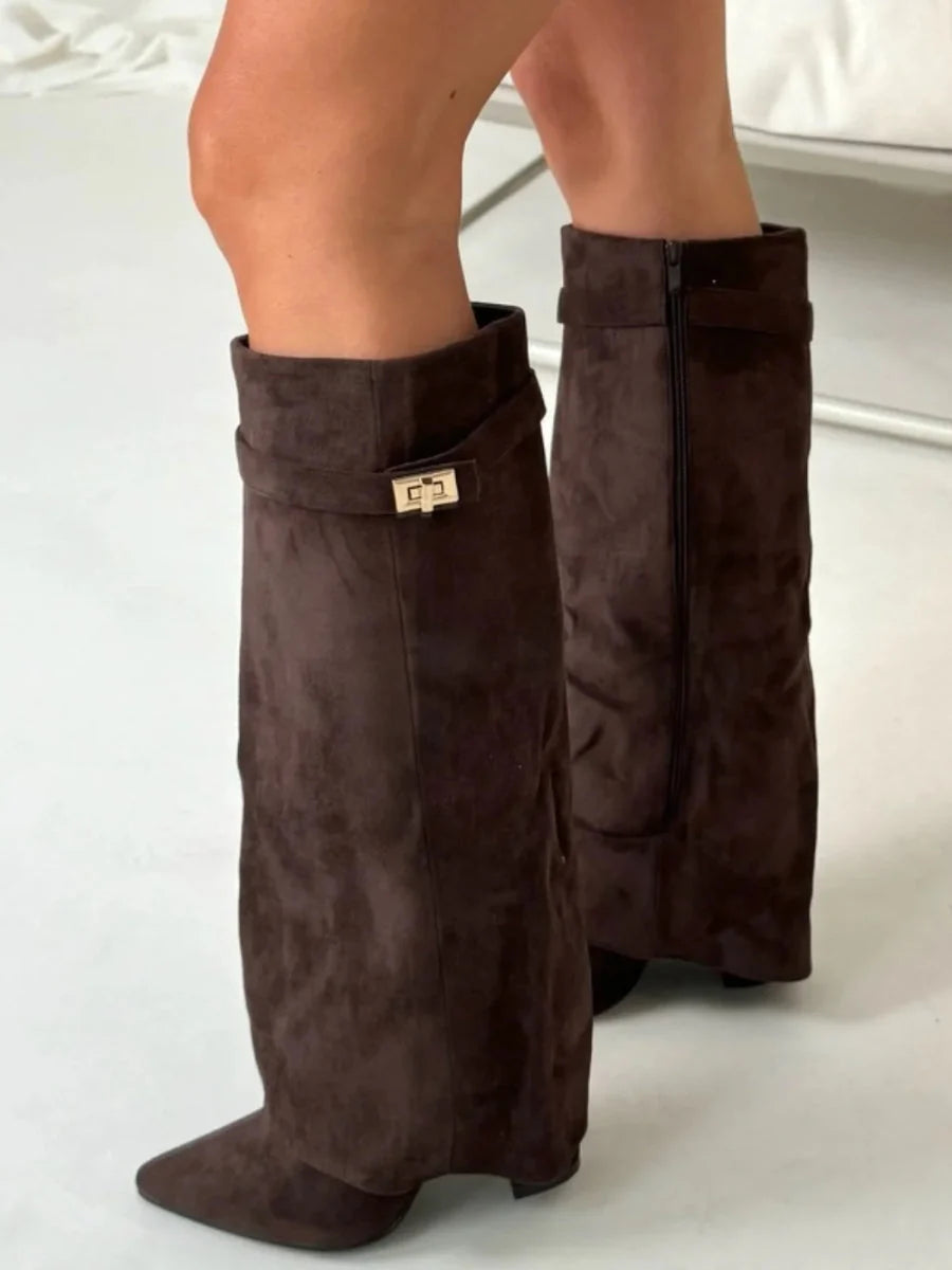 Women’s Suede Fold-Over Boots – Golden Detail 10