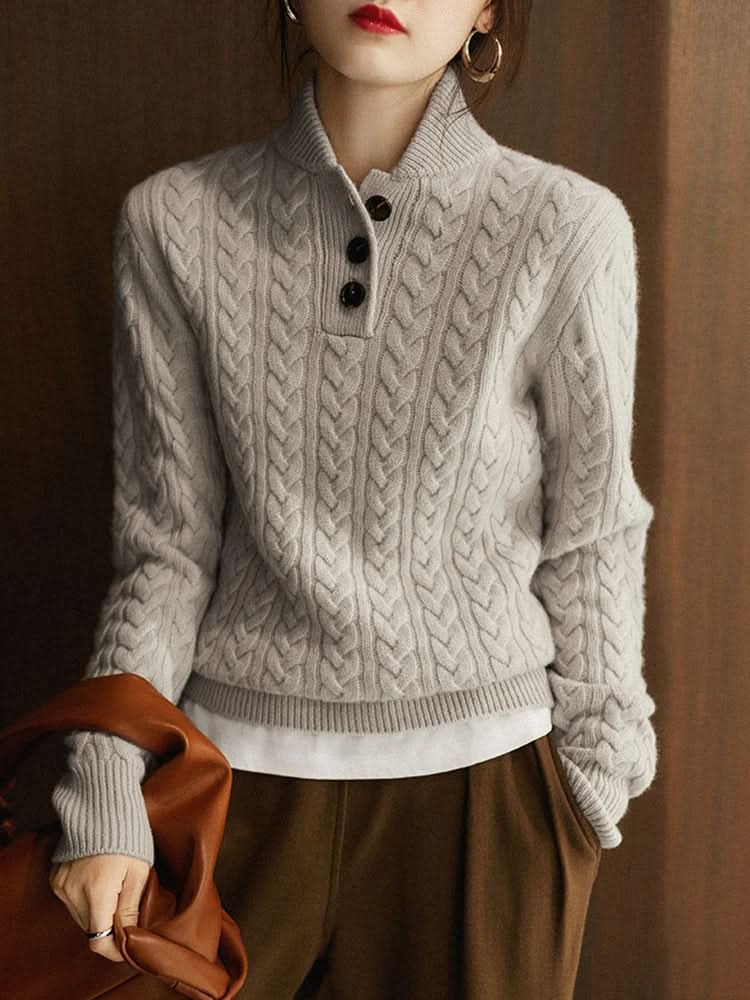 Women's gray cable knit half button sweater