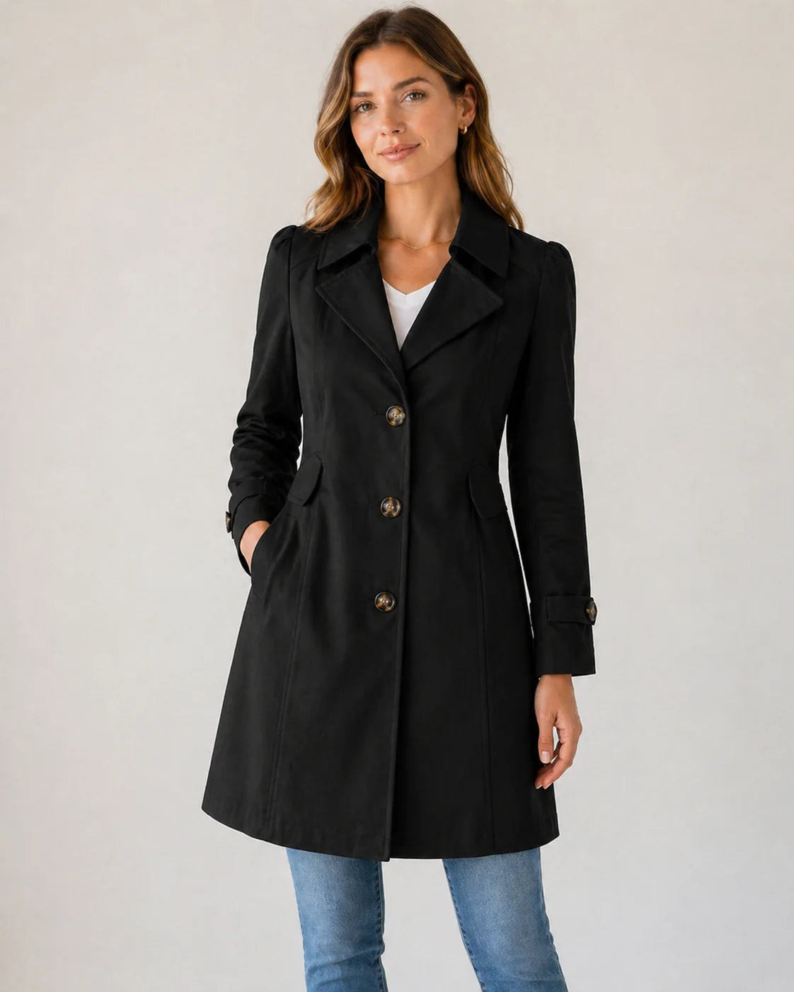 Josie trench coat, button front detail