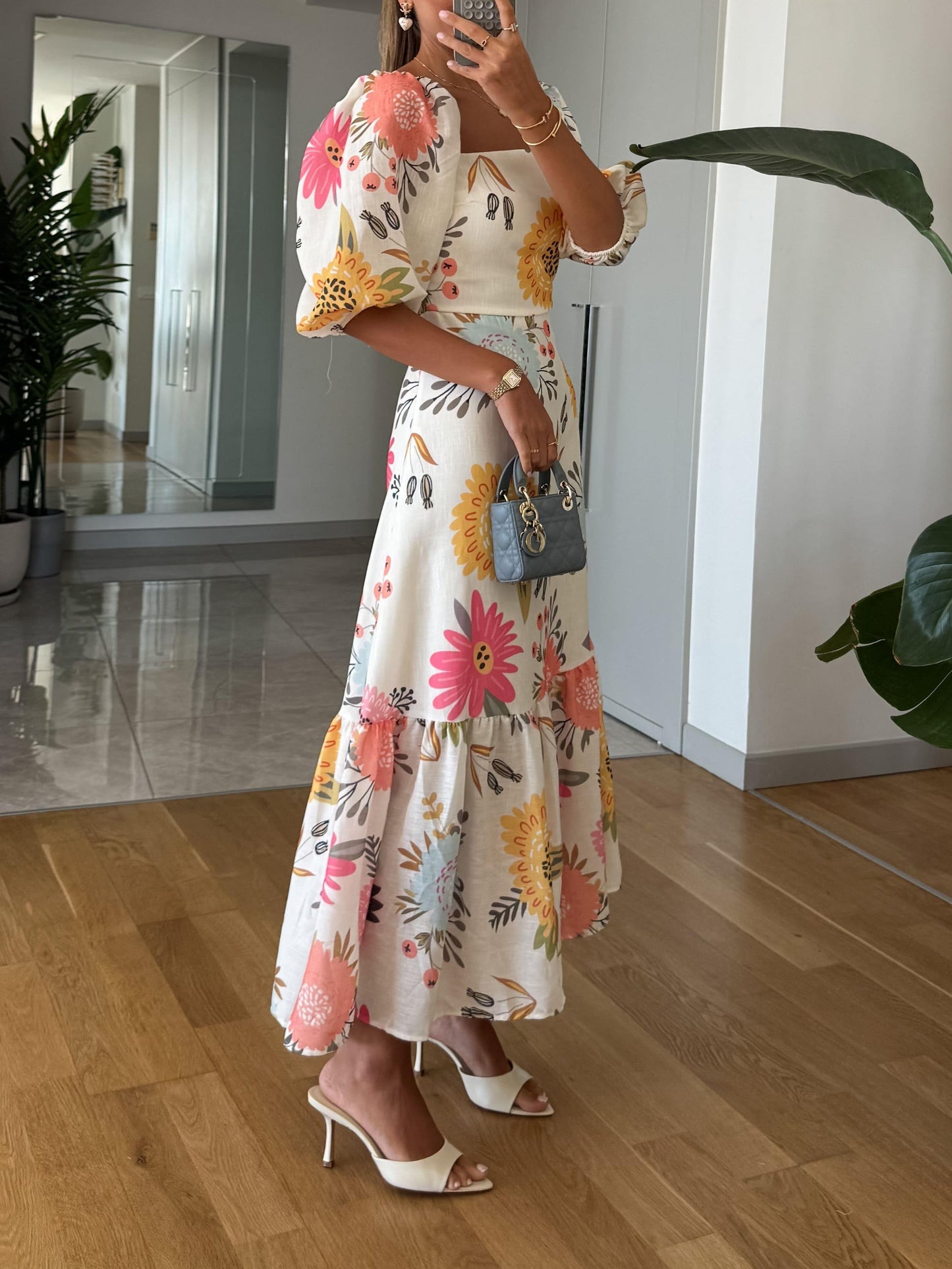 Womens Dress Floral Midi Puff Sleeve Style 4