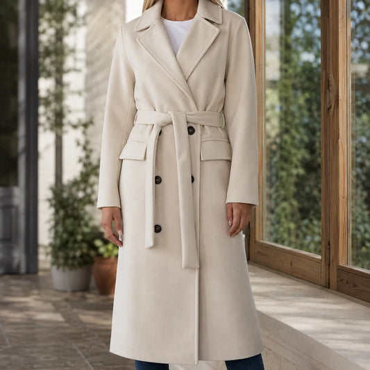 Women's beige belted overcoat with double-breasted front