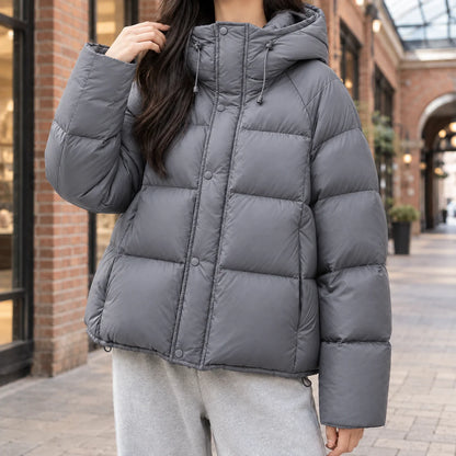 Women's purple duck-down puffer jacket, hood detail