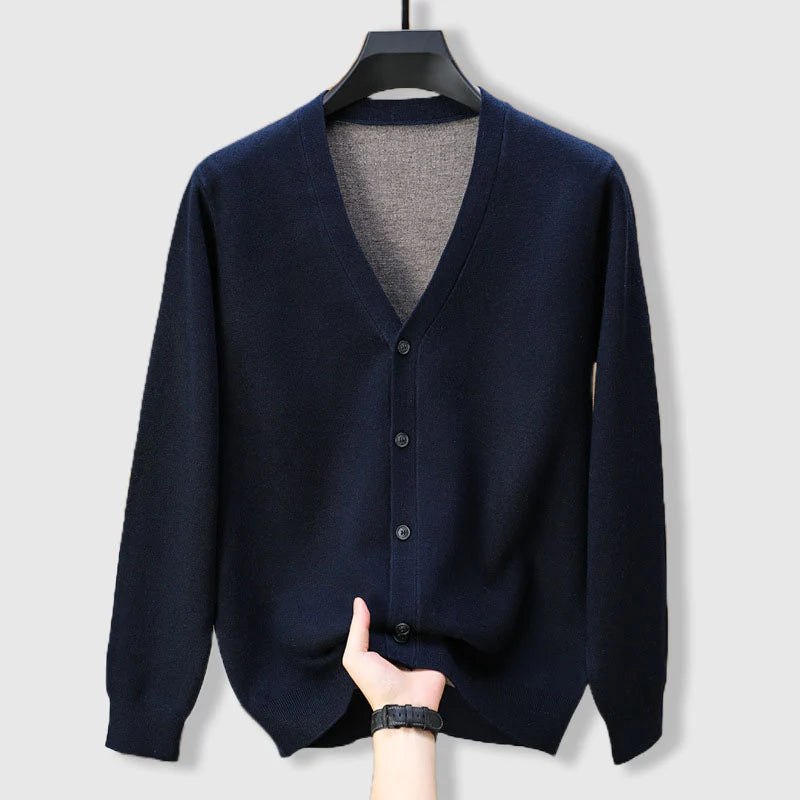 Men's navy blue cashmere blend v-neck cardigan