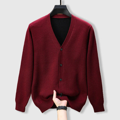 Men's burgundy cashmere blend v-neck cardigan