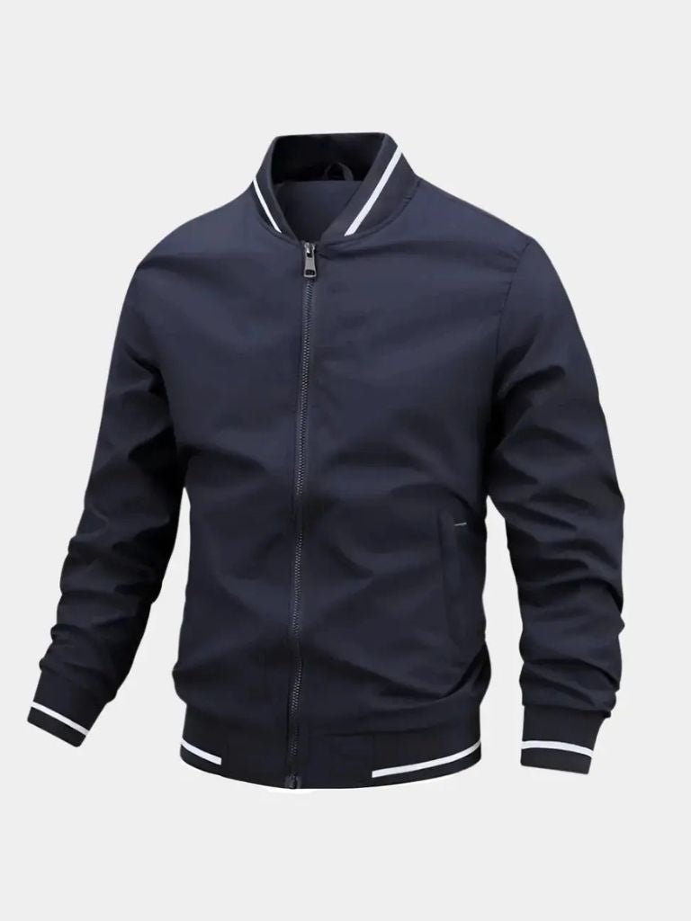 Blue Oversized Button-Front Bomber Jacket with Set-In Pockets