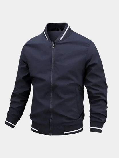 Blue Oversized Button-Front Bomber Jacket with Set-In Pockets