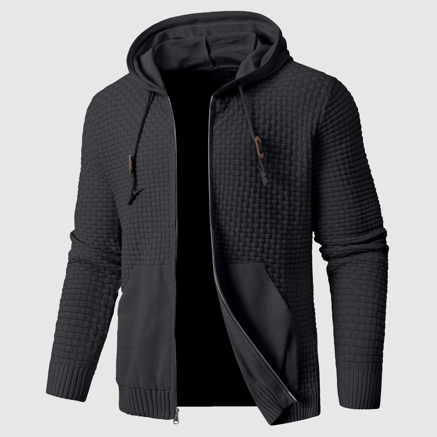 Men's black knit pullover hoodie in insulated poly blend