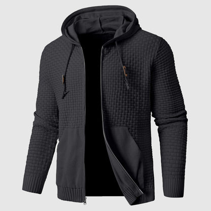 Men's black knit pullover hoodie in insulated poly blend