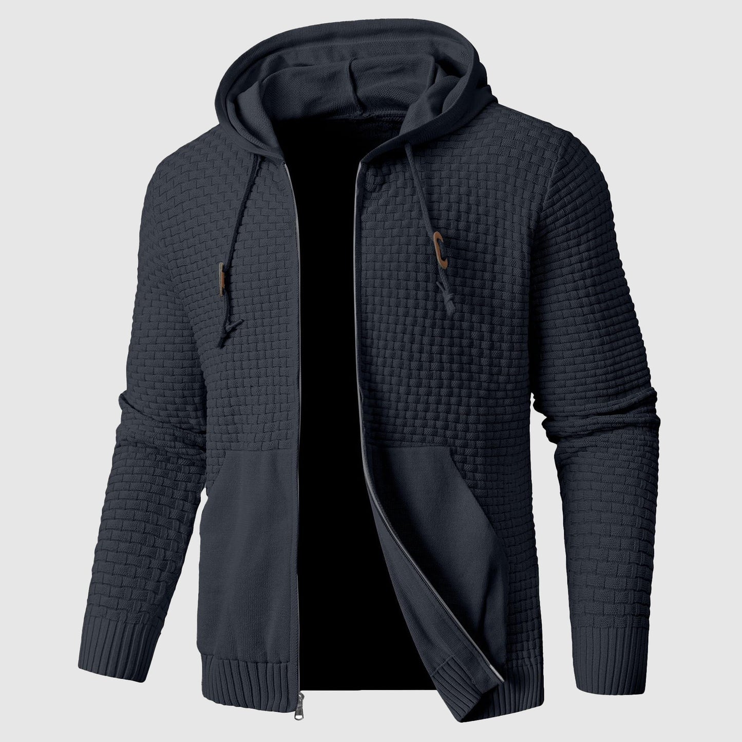 Men's black knit pullover hoodie in insulated poly blend