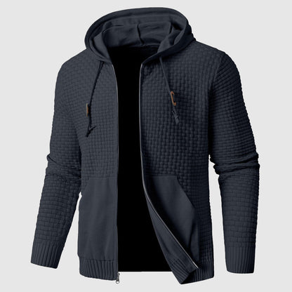 Men's black knit pullover hoodie in insulated poly blend