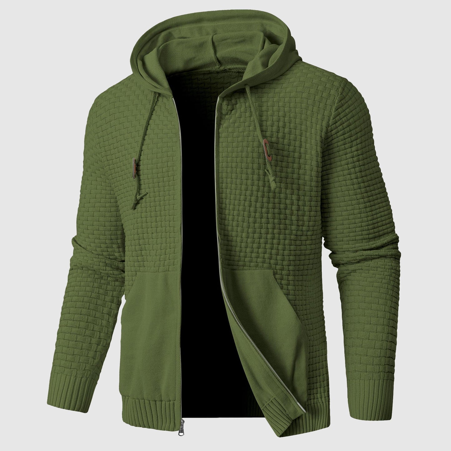 Men's black knit pullover hoodie in insulated poly blend