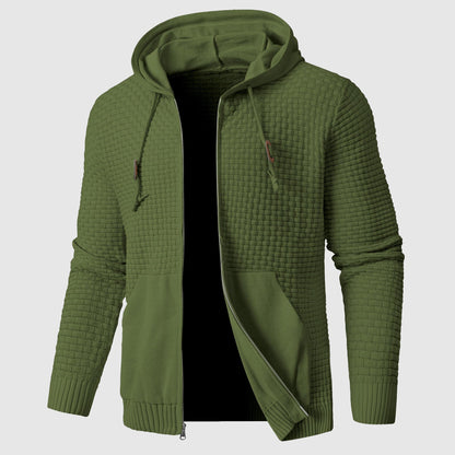 Men's black knit pullover hoodie in insulated poly blend