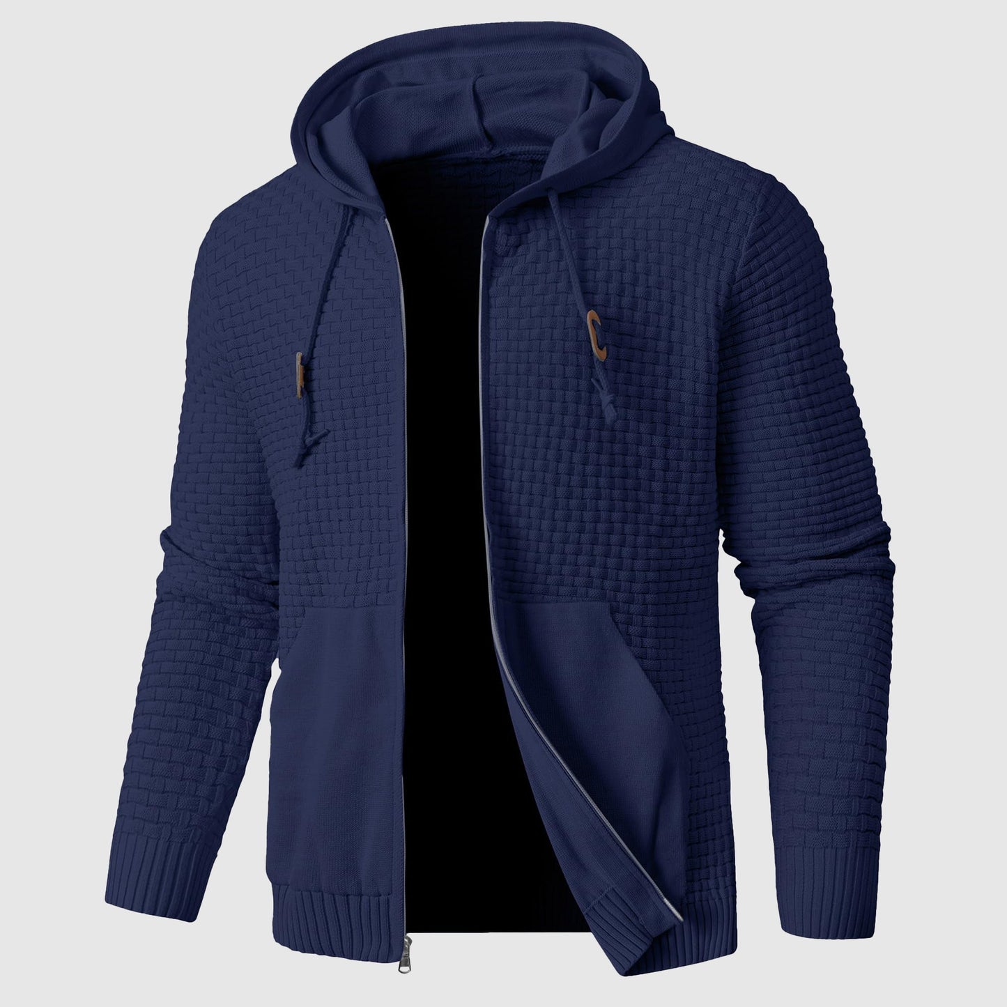 Men's black knit pullover hoodie in insulated poly blend