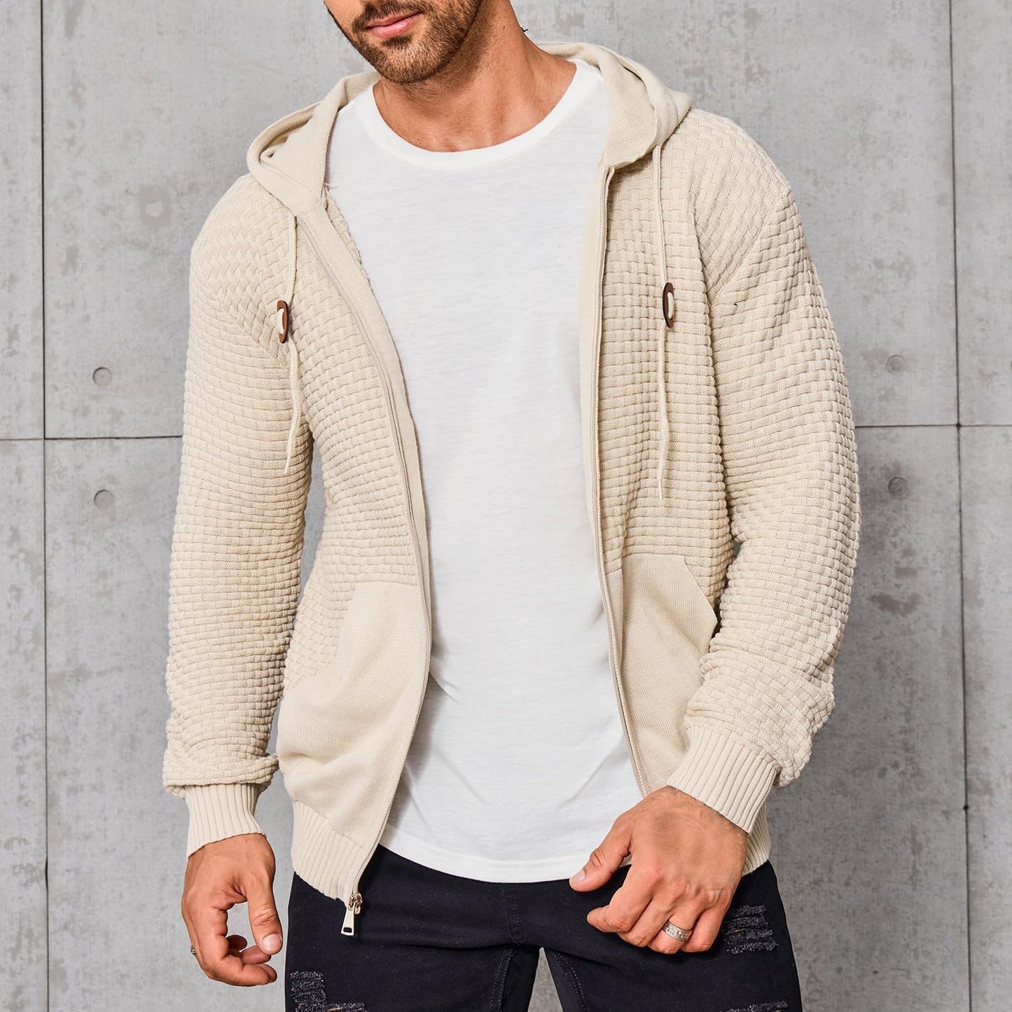 Men's gray knit pullover hoodie in insulated poly blend