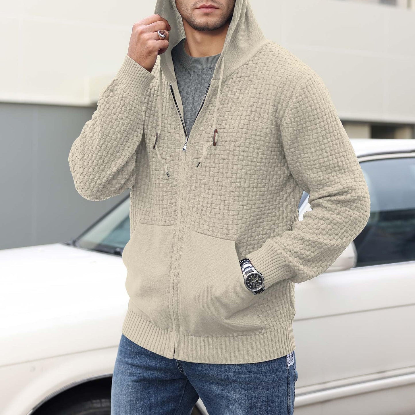Men's gray knit pullover hoodie in insulated poly blend