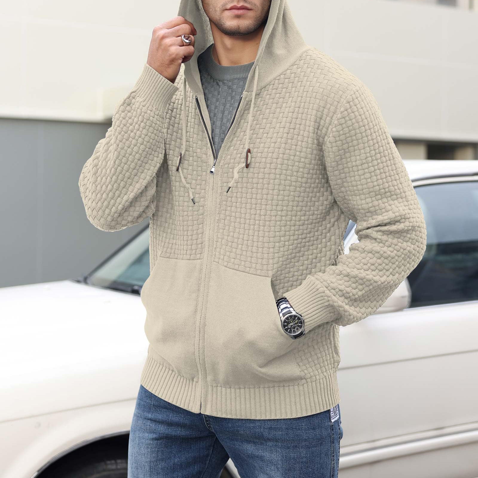 Men's gray knit pullover hoodie in insulated poly blend