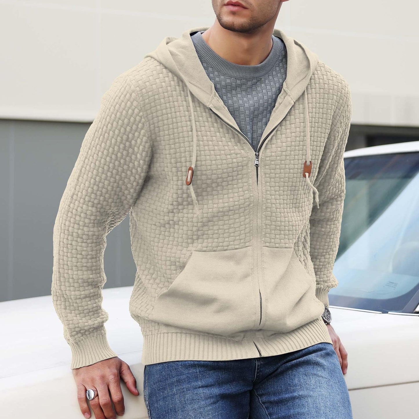 Men's gray knit pullover hoodie in insulated poly blend