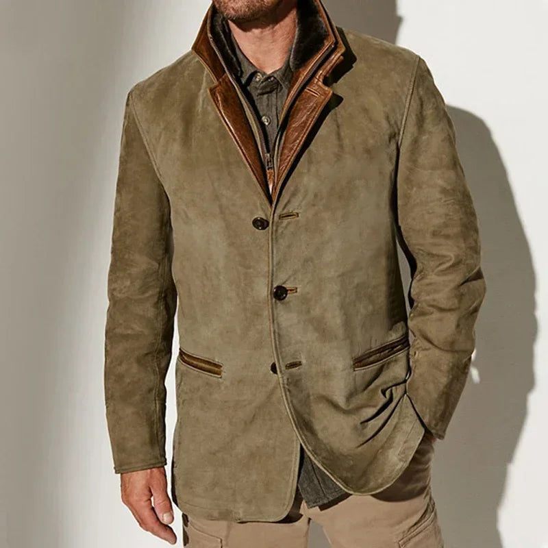 Men's beige faux suede coat with three button front