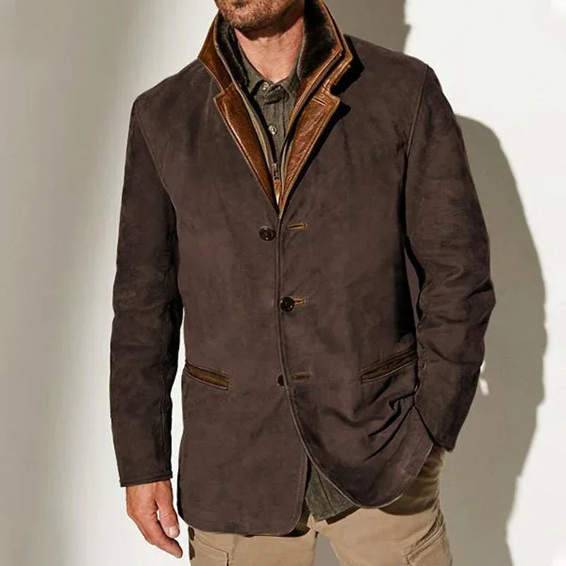 Men's beige faux suede coat with three button front