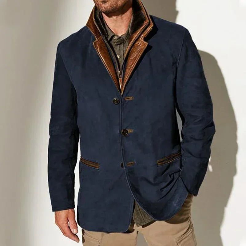 Men's beige faux suede coat with three button front