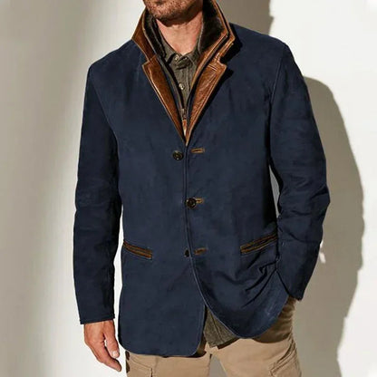 Men's beige faux suede coat with three button front
