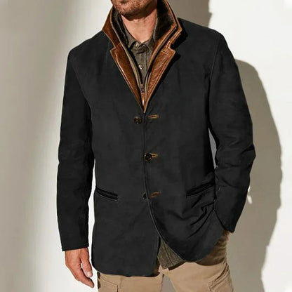 Men's beige faux suede coat with three button front