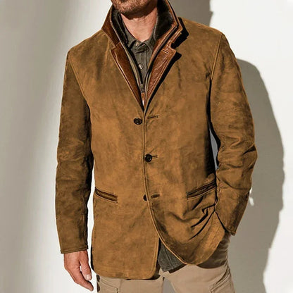 Men's beige faux suede coat with three button front