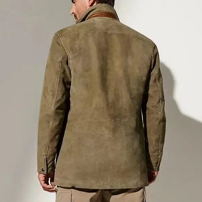 Men's brown faux suede coat with three button front