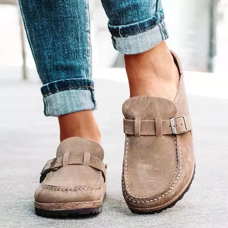 Women's taupe slip-on mules with buckle strap