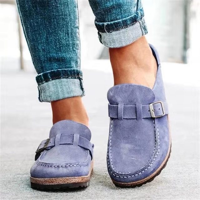 Women's periwinkle slip-on mules with buckle strap