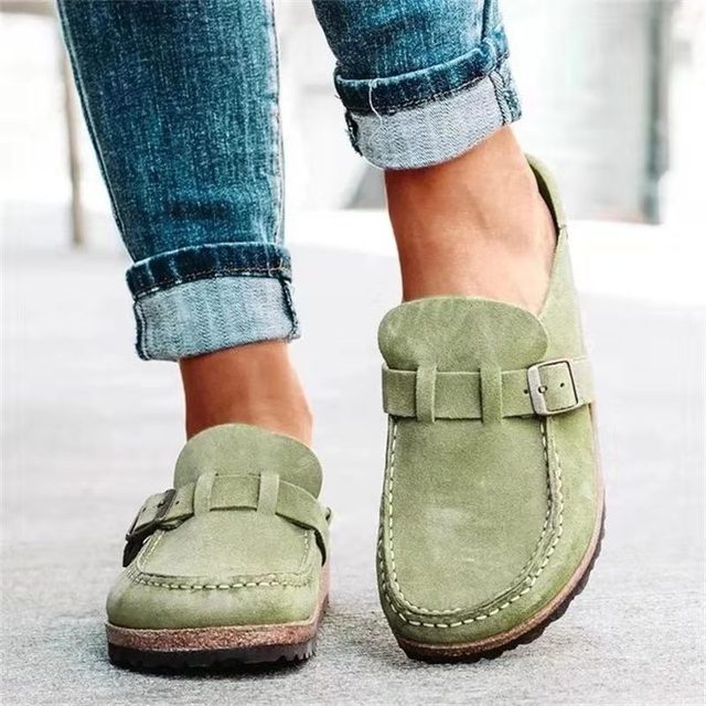 Women's sage slip-on mules with buckle strap