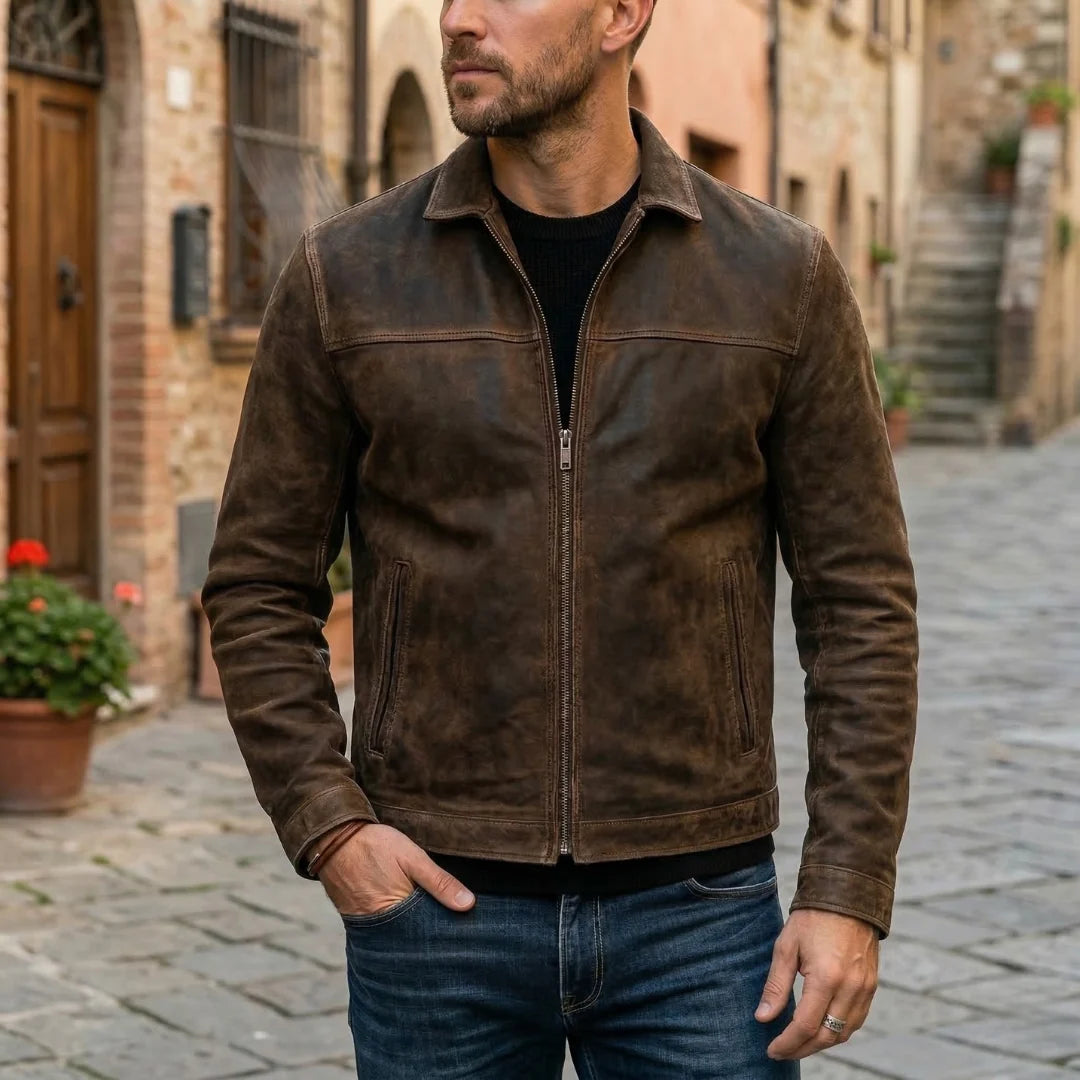Men's Sleek Fitted Leather Jacket with Structured Collar, photo 1