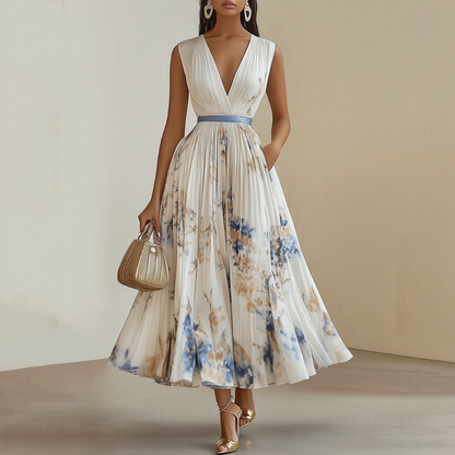 White Pleated V-Neck Maxi Dress with Adjustable Waist Tie