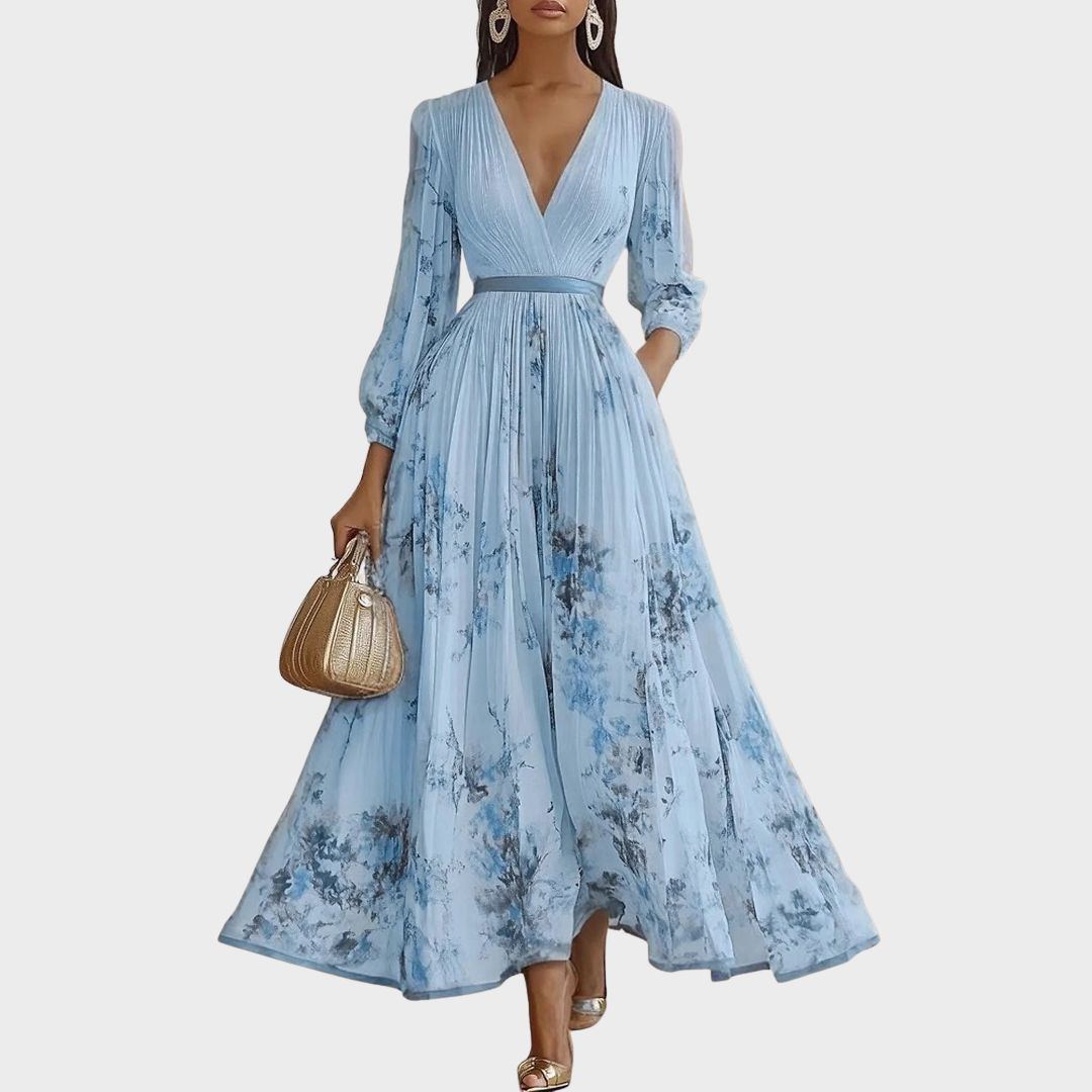 Pleated V-Neck Maxi Dress with Adjustable Waist Tie