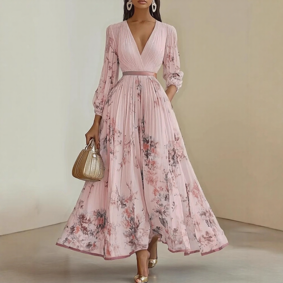 Pink Pleated V-Neck Maxi Dress with Adjustable Waist Tie