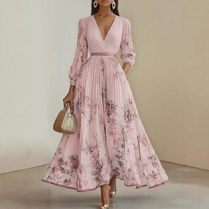 Pink Pleated V-Neck Maxi Dress with Adjustable Waist Tie