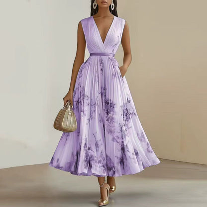 Purple Pleated V-Neck Maxi Dress with Adjustable Waist Tie