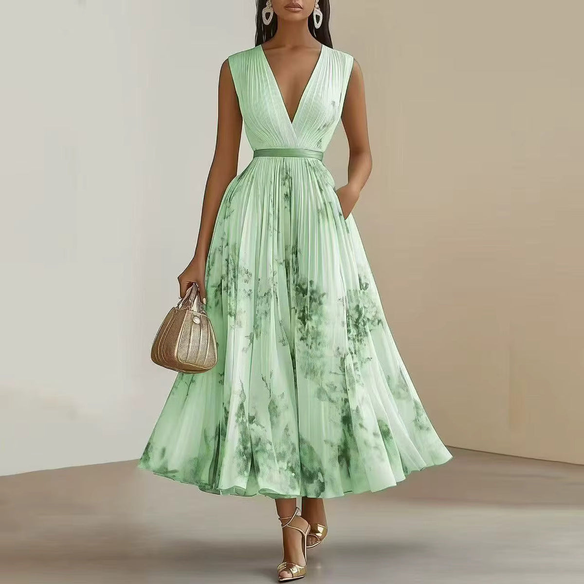 Green Pleated V-Neck Maxi Dress with Adjustable Waist Tie
