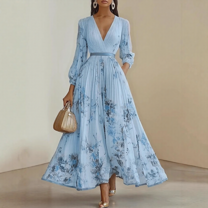 Blue Pleated V-Neck Maxi Dress with Adjustable Waist Tie