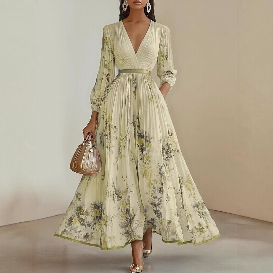Yellow Pleated V-Neck Maxi Dress with Adjustable Waist Tie