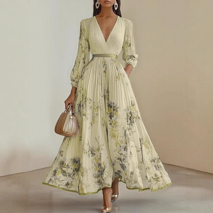 Yellow Pleated V-Neck Maxi Dress with Adjustable Waist Tie