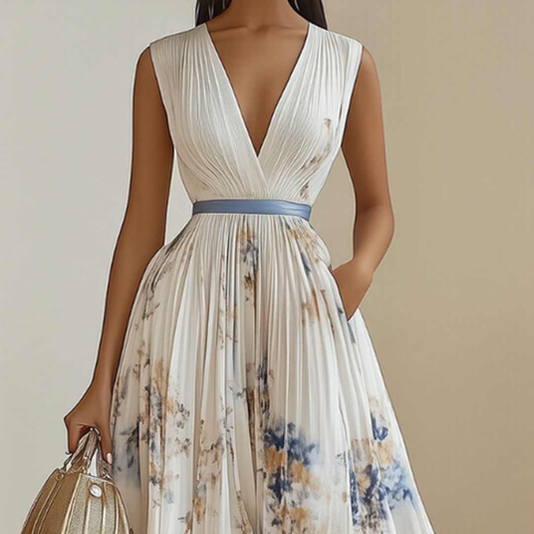 Pleated V-Neck Maxi Dress with Adjustable Waist Tie – view 2