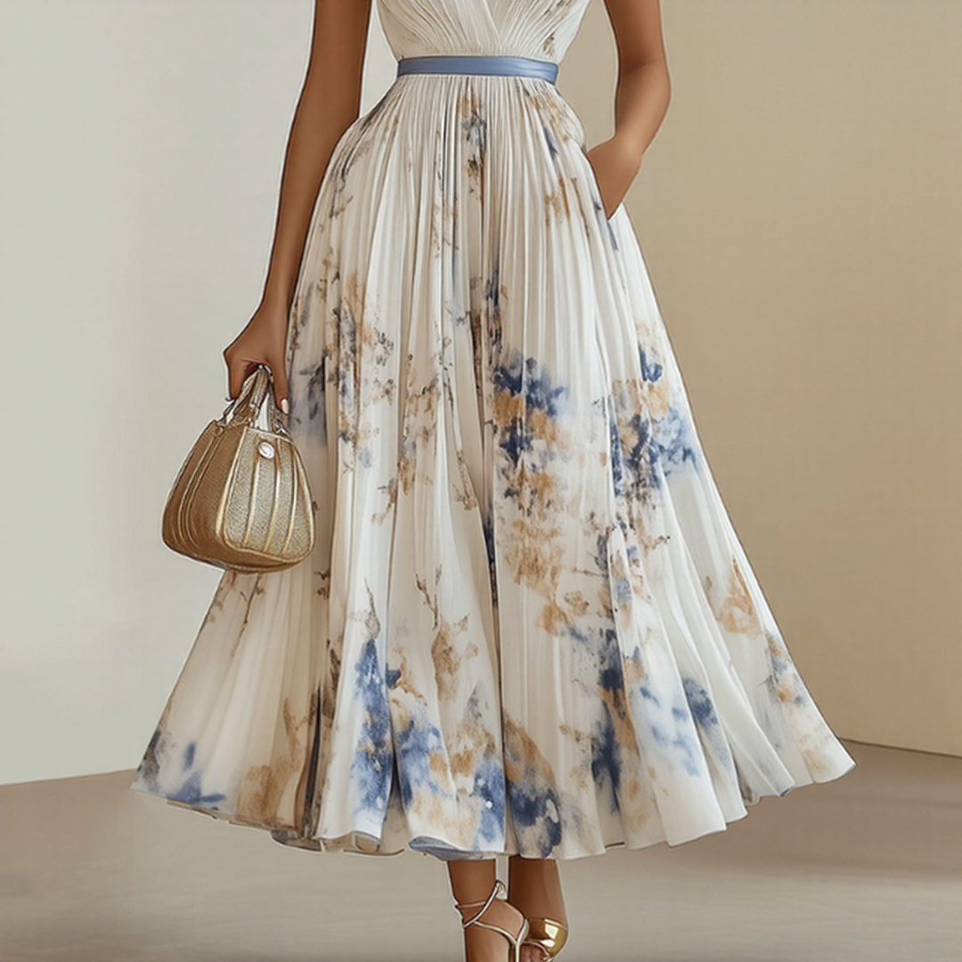 Pleated V-Neck Maxi Dress with Adjustable Waist Tie – view 3
