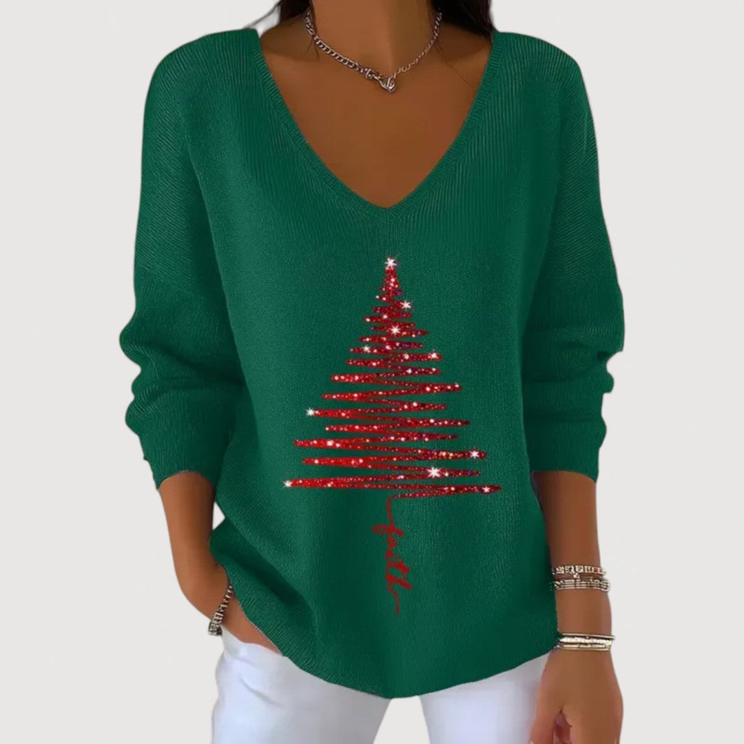 Green Festive Print V-Neck Long-Sleeve Top