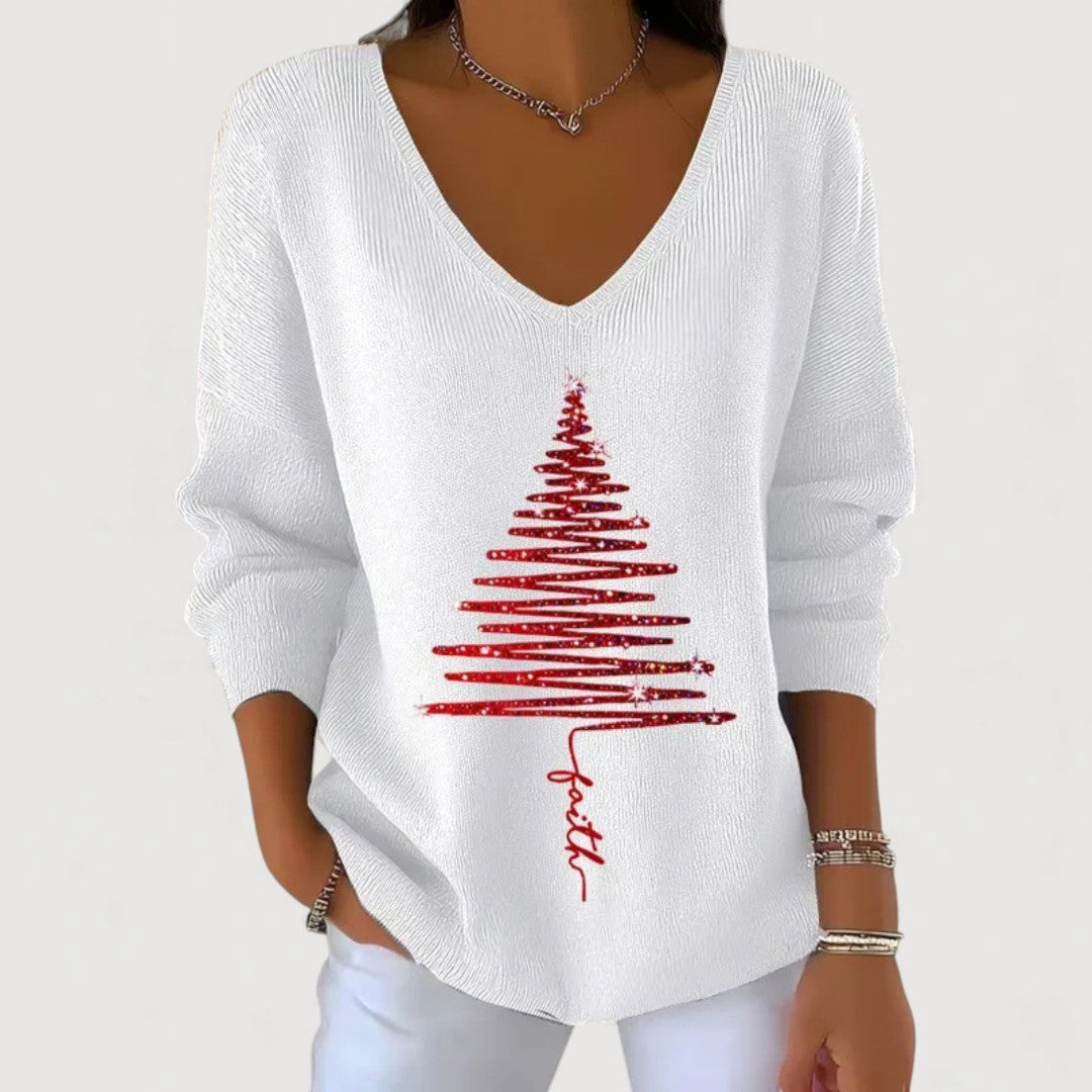 White Festive Print V-Neck Long-Sleeve Top
