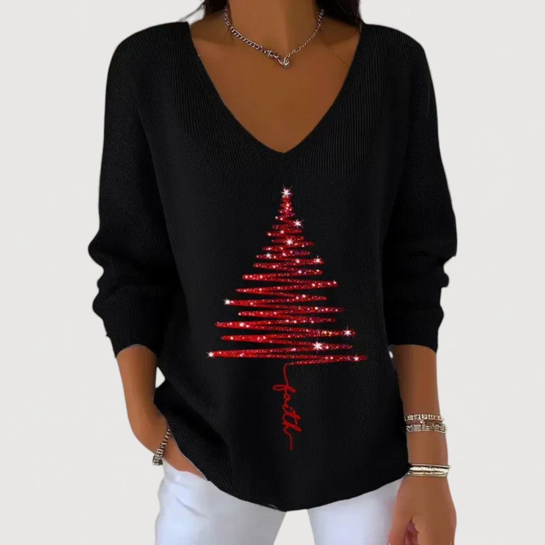 Black Festive Print V-Neck Long-Sleeve Top